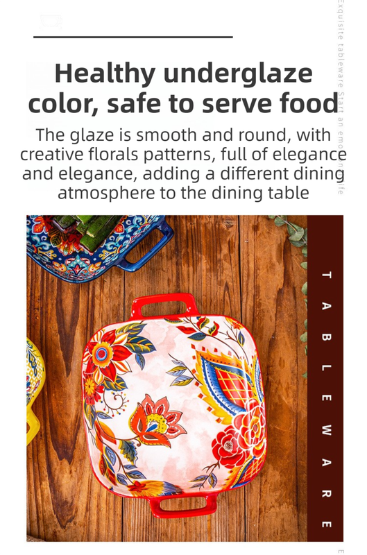 9-Inch Underglaze Ceramic Square Serving Plate with Dual Handles (Isdir Style) - Microwave and Oven Safe Pasta & Fruit Tray