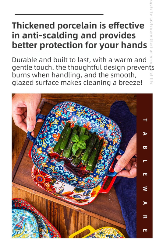 9-Inch Underglaze Ceramic Square Serving Plate with Dual Handles (Isdir Style) - Microwave and Oven Safe Pasta & Fruit Tray