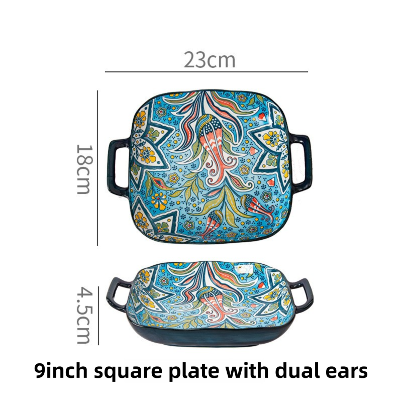9-Inch Underglaze Ceramic Square Serving Plate with Dual Handles (Glandot Style) - Microwave and Oven Safe Pasta &amp; Fruit Tray