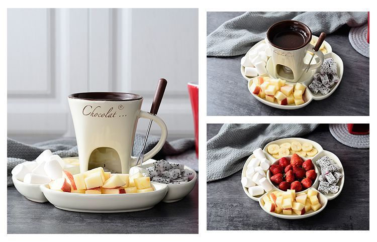 Red European Style Ceramic Chocolate & Cheese Melter Set - 200ml Mini Melting Mug & Fork