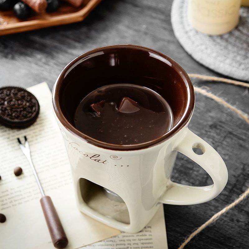 White European Style Ceramic Chocolate &amp; Cheese Melter Set - 200ml Mini Melting Mug &amp; Fork