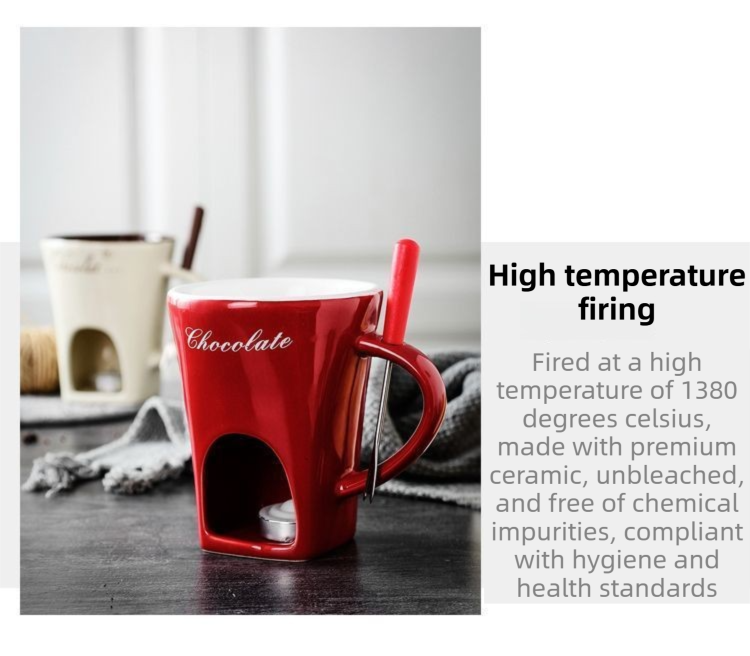 White European Style Ceramic Chocolate & Cheese Melter Set - 200ml Mini Melting Mug & Fork