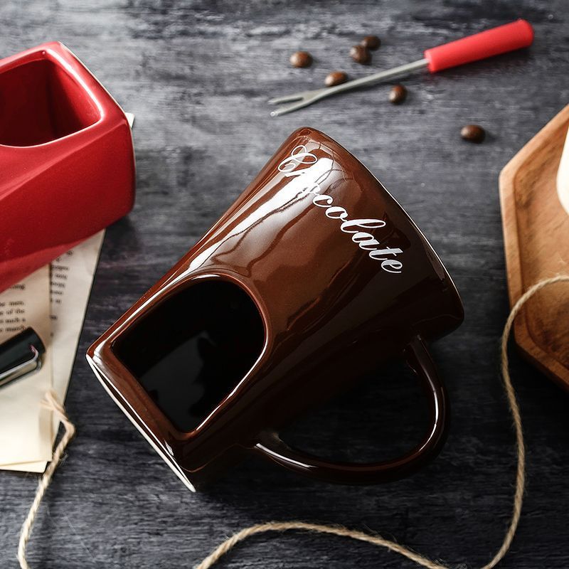 Coffee European Style Ceramic Chocolate &amp; Cheese Melter Set - 200ml Mini Melting Mug &amp; Fork