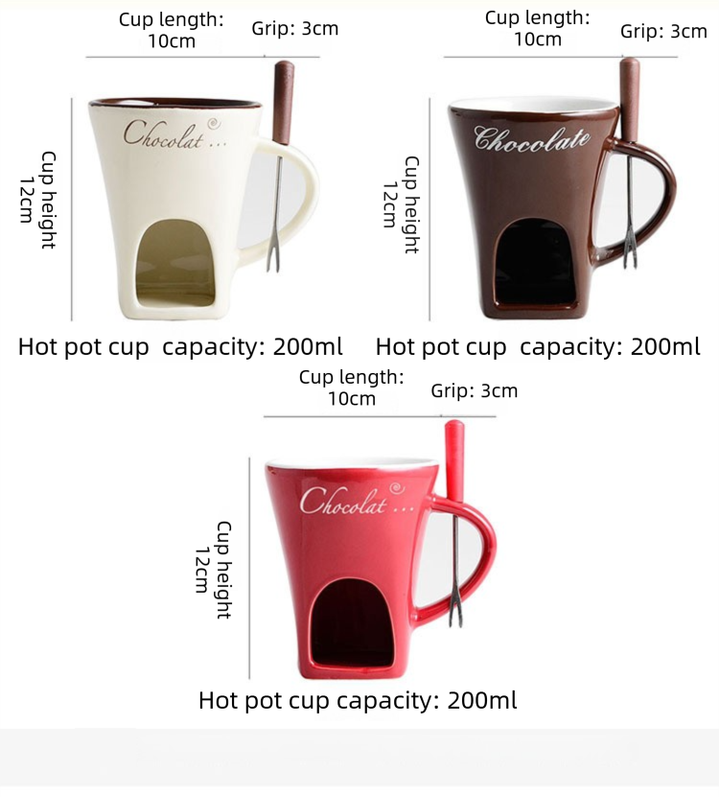 Coffee European Style Ceramic Chocolate & Cheese Melter Set - 200ml Mini Melting Mug & Fork