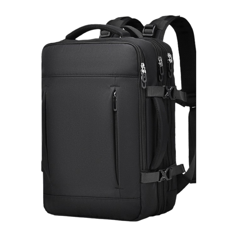 Black Expandable Travel Laptop Backpack with USB Charging Port - Waterproof Nylon Business Bag with 11cm Depth Extension (45x32cm)