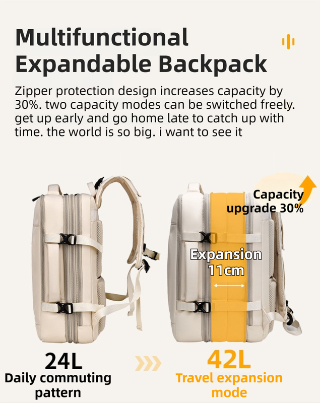 Beige Expandable Travel Laptop Backpack with USB Charging Port - Waterproof Nylon Business Bag with 11cm Depth Extension (45x32cm)