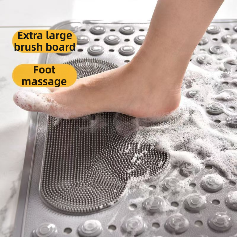 Khaki Eco-Friendly Bath Mat with Massage Points - Anti-Slip Suction Cup Safety Bathroom Rug (S Size 68.5X34x2 CM)