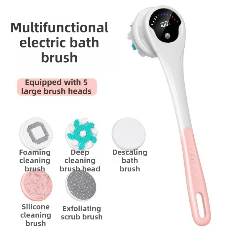 Pink Electric 360°Rotating Shower Brush with Long Handle for Back Scrubbing(43CM) - IPX7 Waterproof &amp; Premium Silicone &amp; PA Bristles