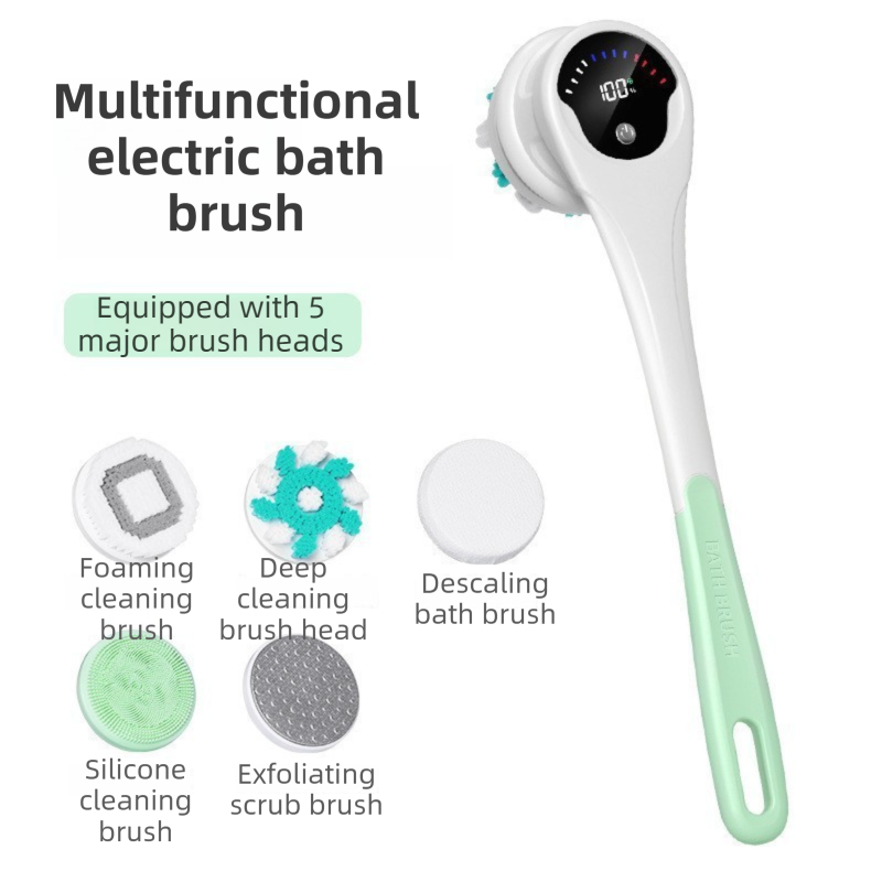 Green Electric 360°Rotating Shower Brush with Long Handle for Back Scrubbing(43CM) - IPX7 Waterproof &amp; Premium Silicone &amp; PA Bristles