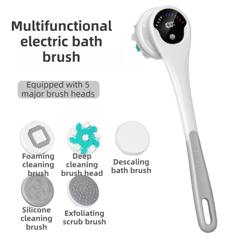 Grey Electric 360°Rotating Shower Brush with Long Handle for Back Scrubbing(43CM) - IPX7 Waterproof &amp; Premium Silicone &amp; PA Bristles