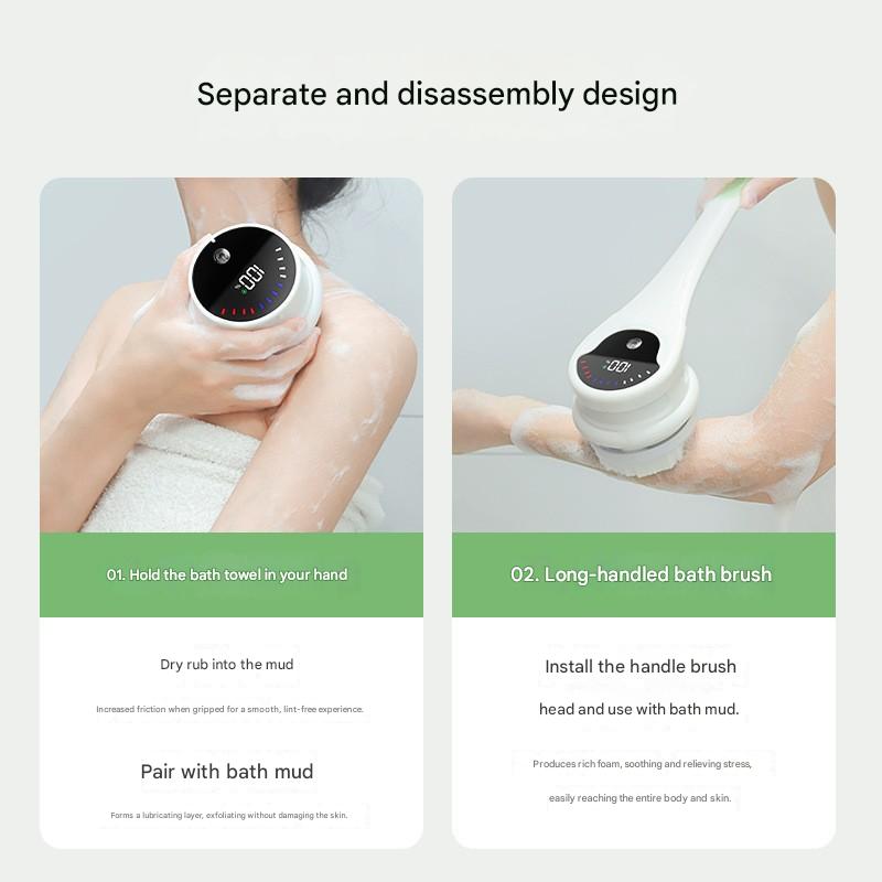 Grey Electric 360°Rotating Shower Brush with Long Handle for Back Scrubbing(43CM) - IPX7 Waterproof & Premium Silicone & PA Bristles