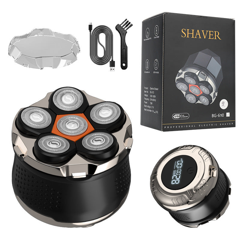 Black Men's 6D Magnetic Rotary Head Shaver for Wet/Dry Use - Professional Electric Bald Head Shaver &amp; Beard Trimmer (Model 610)