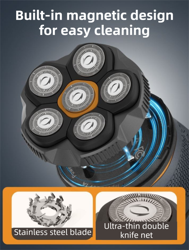 Black Men's 6D Magnetic Rotary Head Shaver for Wet/Dry Use - Professional Electric Bald Head Shaver & Beard Trimmer (Model 610)