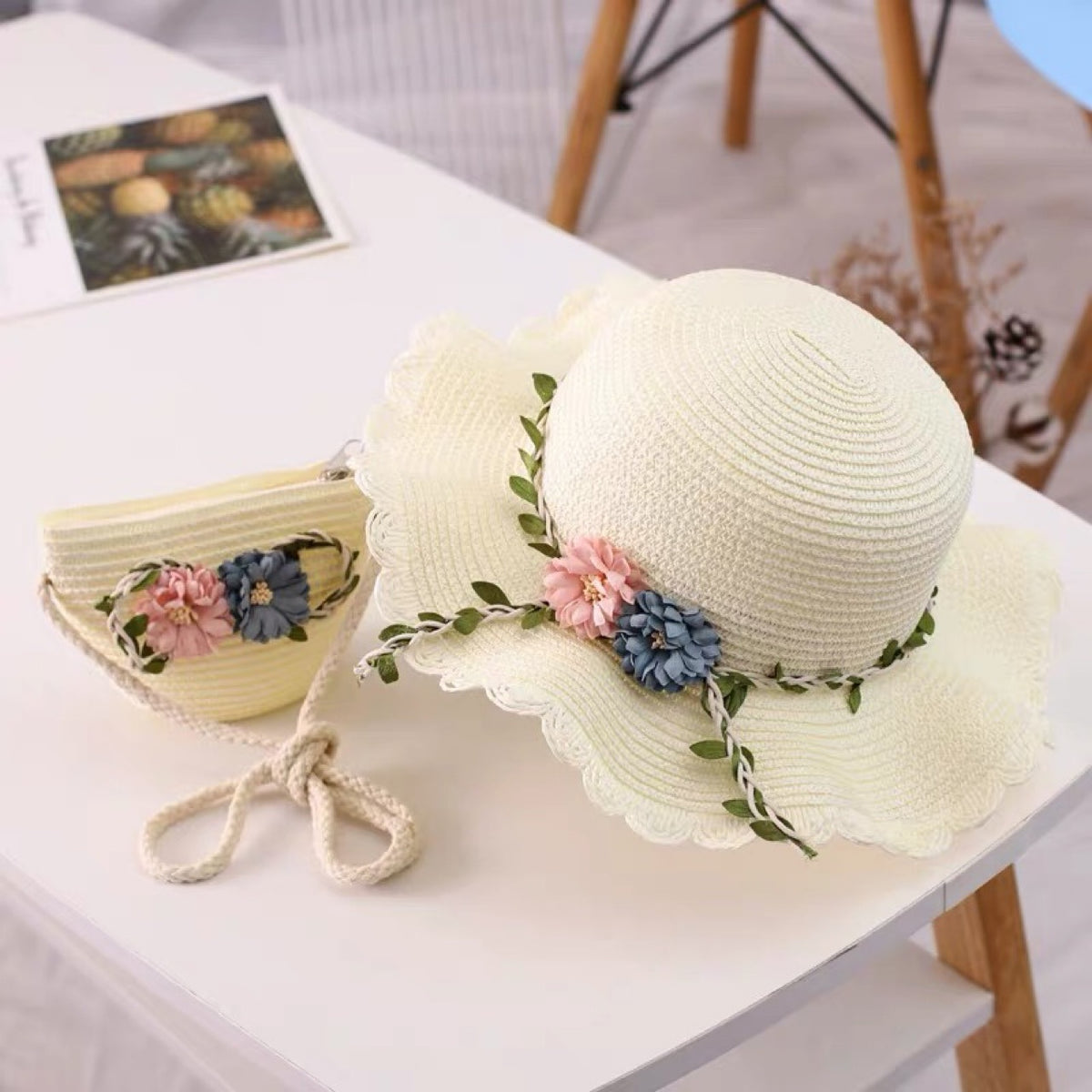 White Girls Summer Princess Straw Straw Hat and Matching Purse Set - Breathable Floral Wide Brim Sun Protection Sun Hat