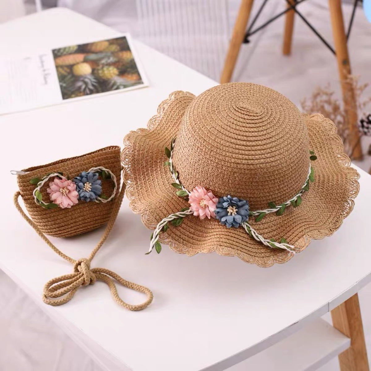 Khaki Girls Summer Princess Straw Straw Hat and Matching Purse Set - Breathable Floral Wide Brim Sun Protection Sun Hat