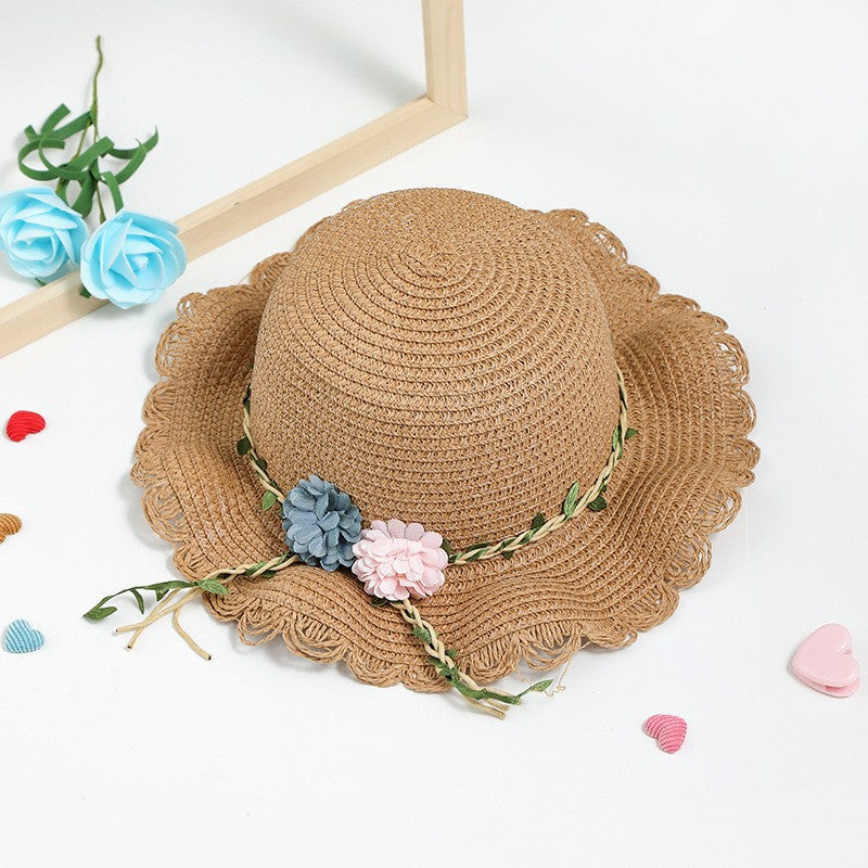 Khaki Girls Summer Princess Straw Straw Hat and Matching Purse Set - Breathable Floral Wide Brim Sun Protection Sun Hat
