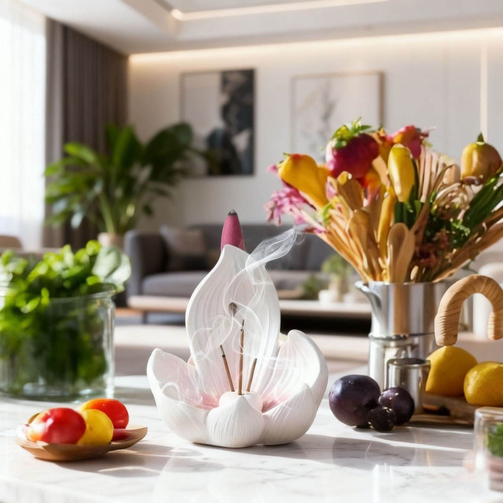 White Zen Lotus Waterfall Backflow Aroma Diffuser - Premium Elegant Resin Craft for Meditation & Yoga, 10cm Compact Design