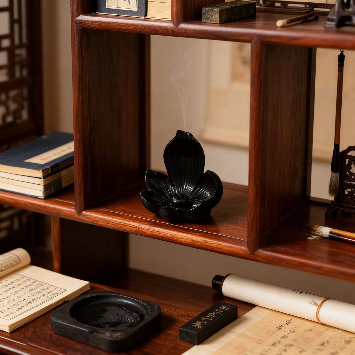 Black Zen Lotus Waterfall Backflow Aroma Diffuser - Premium Elegant Resin Craft for Meditation & Yoga, 10cm Compact Design