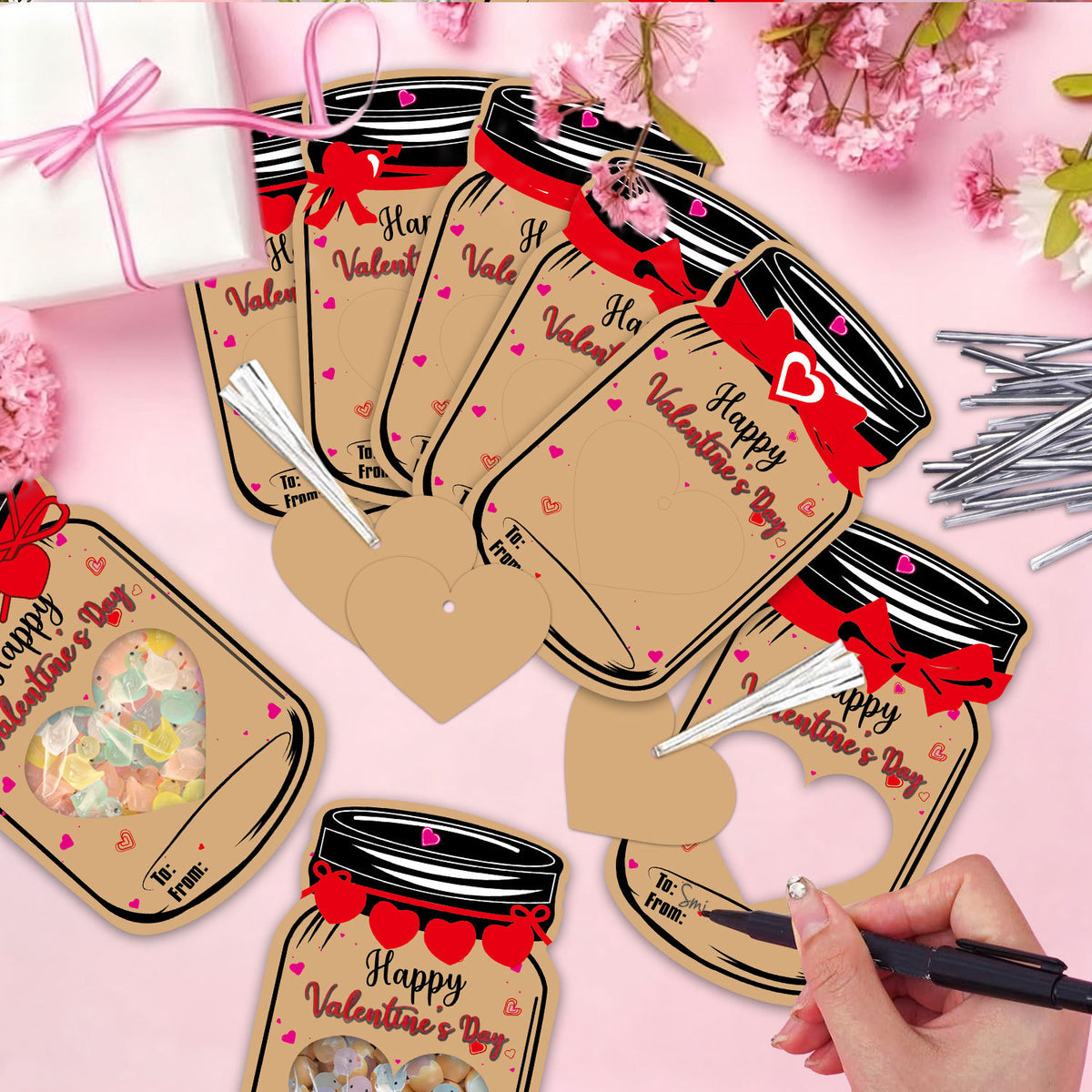 25PCS Valentine's Day Drift Bottle Shaped Gift Card Set - Premium Coated Paper Greeting Card for Family / School Exchanges and Party Favors