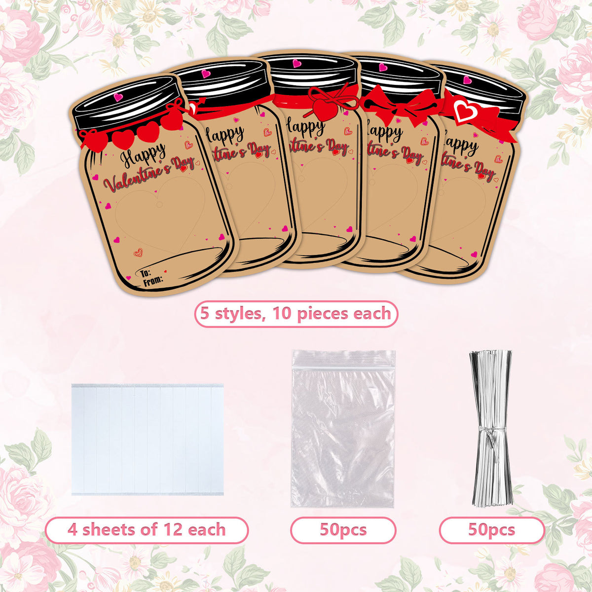 50PCS Valentine's Day Drift Bottle Shaped Gift Card Set - Premium Coated Paper Greeting Card for Family / School Exchanges and Party Favors