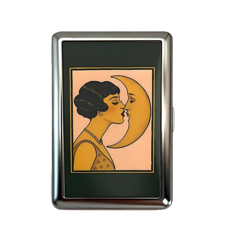 Retro Metal Card Cash &amp; Cigarette Case with Fixed Clip - Moon Kiss Artistic Slim Wallet (10.3X6X2cm)