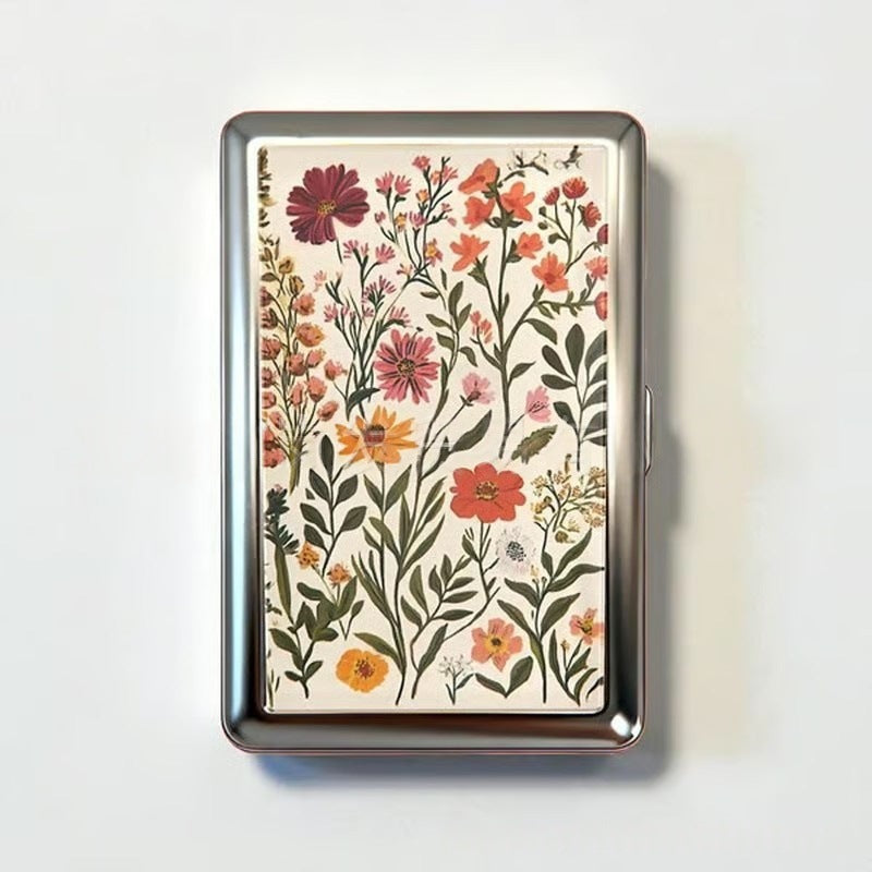 Retro Metal Card Cash &amp; Cigarette Case with Fixed Clip - Flower Artistic Slim Wallet (10.3X6X2cm)