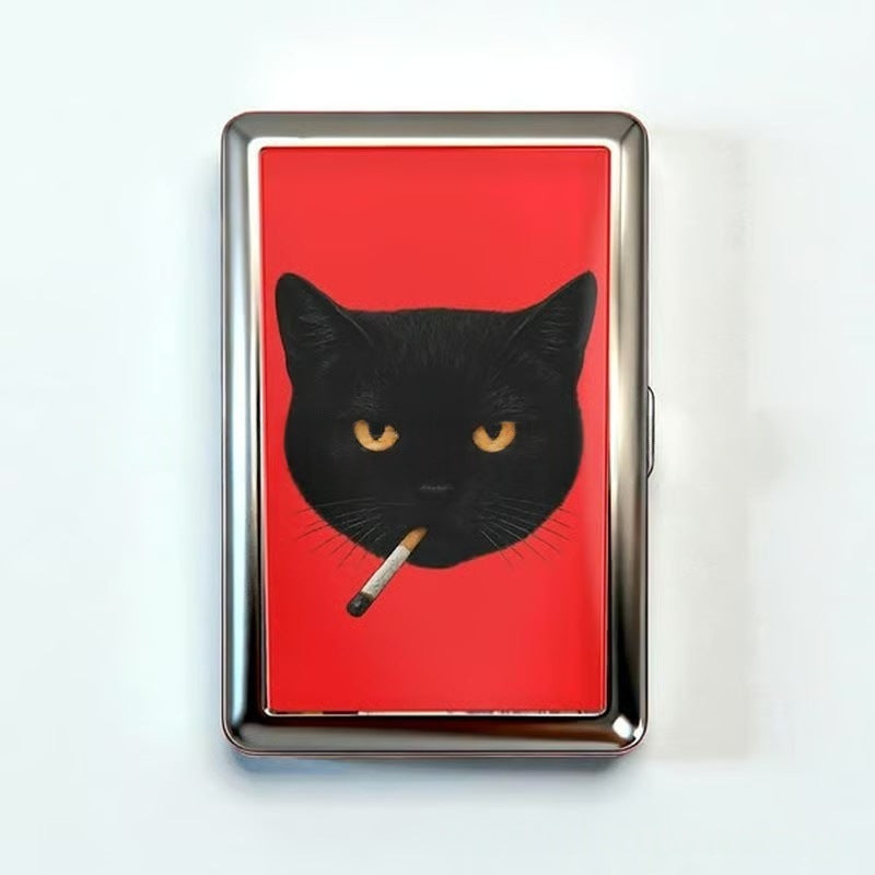 Retro Metal Card Cash &amp; Cigarette Case with Fixed Clip - Black Cat Artistic Slim Wallet (10.3X6X2cm)