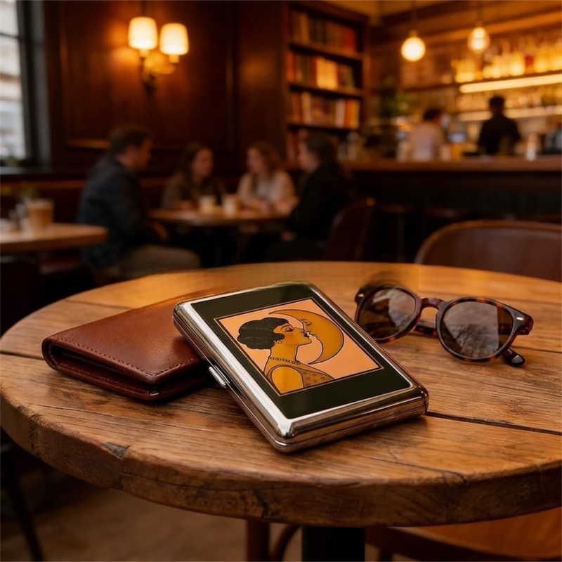 Retro Metal Card Cash & Cigarette Case with Fixed Clip - Black Cat Artistic Slim Wallet (10.3X6X2cm)