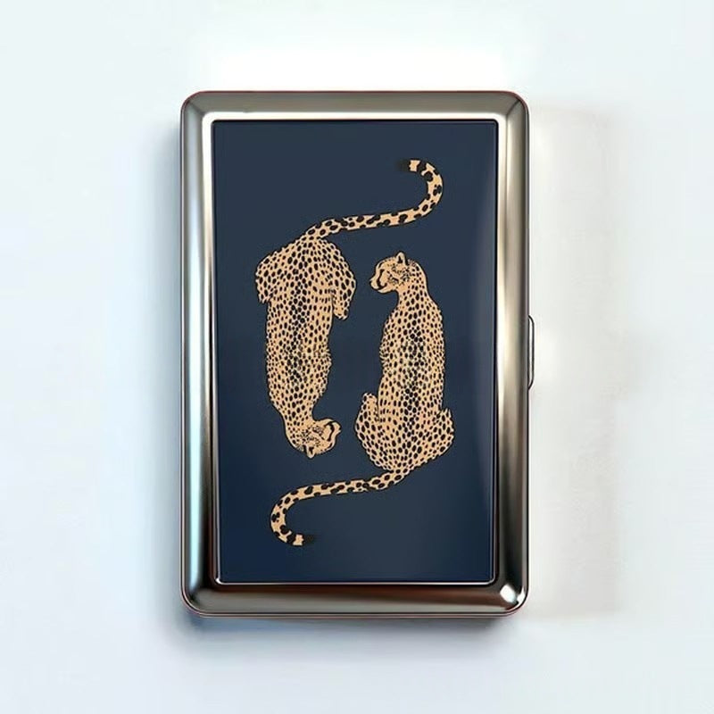 Retro Metal Card Cash & Cigarette Case with Fixed Clip - Leopard Artistic Slim Wallet (10.3X6X2cm)