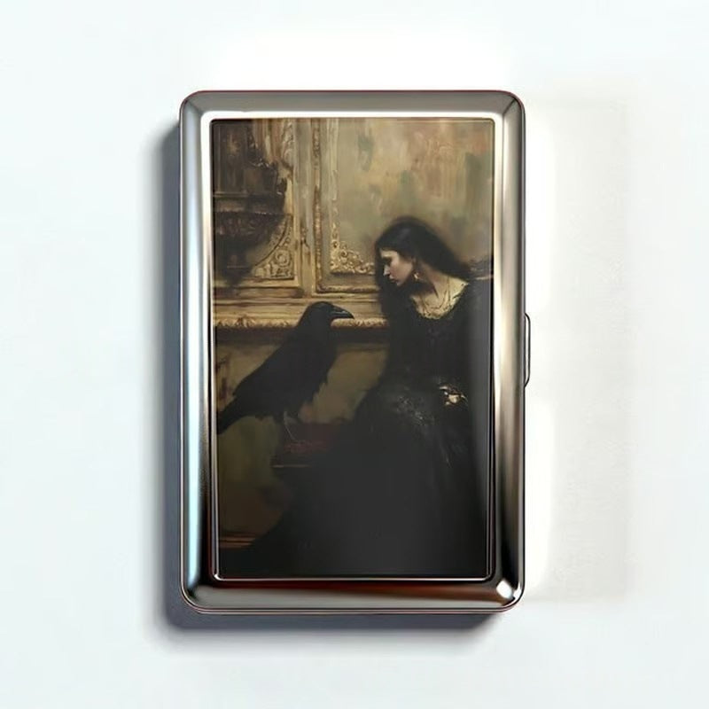 Retro Metal Card Cash &amp; Cigarette Case with Fixed Clip - Crow Artistic Slim Wallet (10.3X6X2cm)