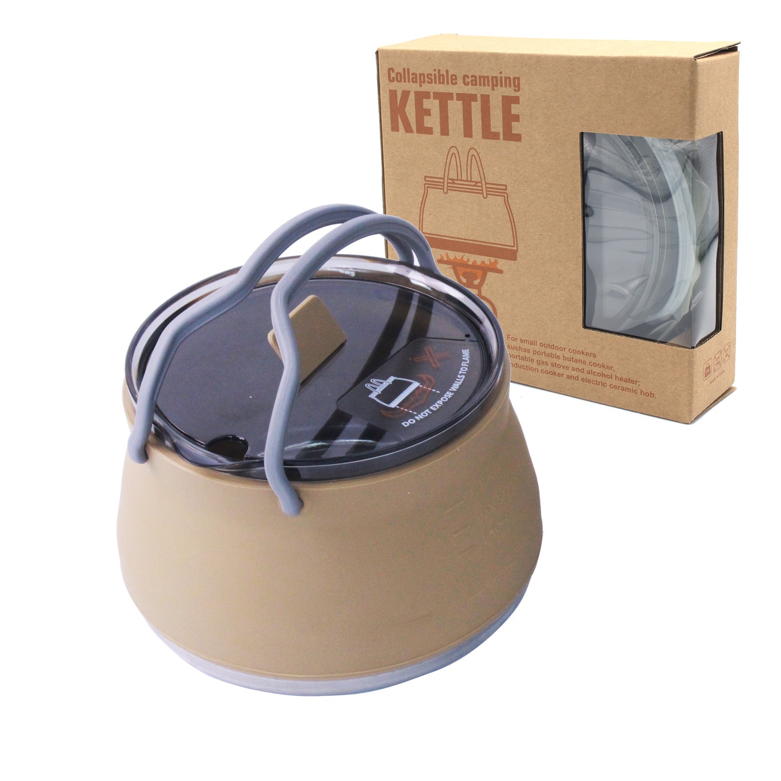 Khaki 1L Portable Collapsible Camping Kettle - Food-Grade Silicone Body with 304 Stainless Steel Base, Compatible with Induction & Gas Stoves