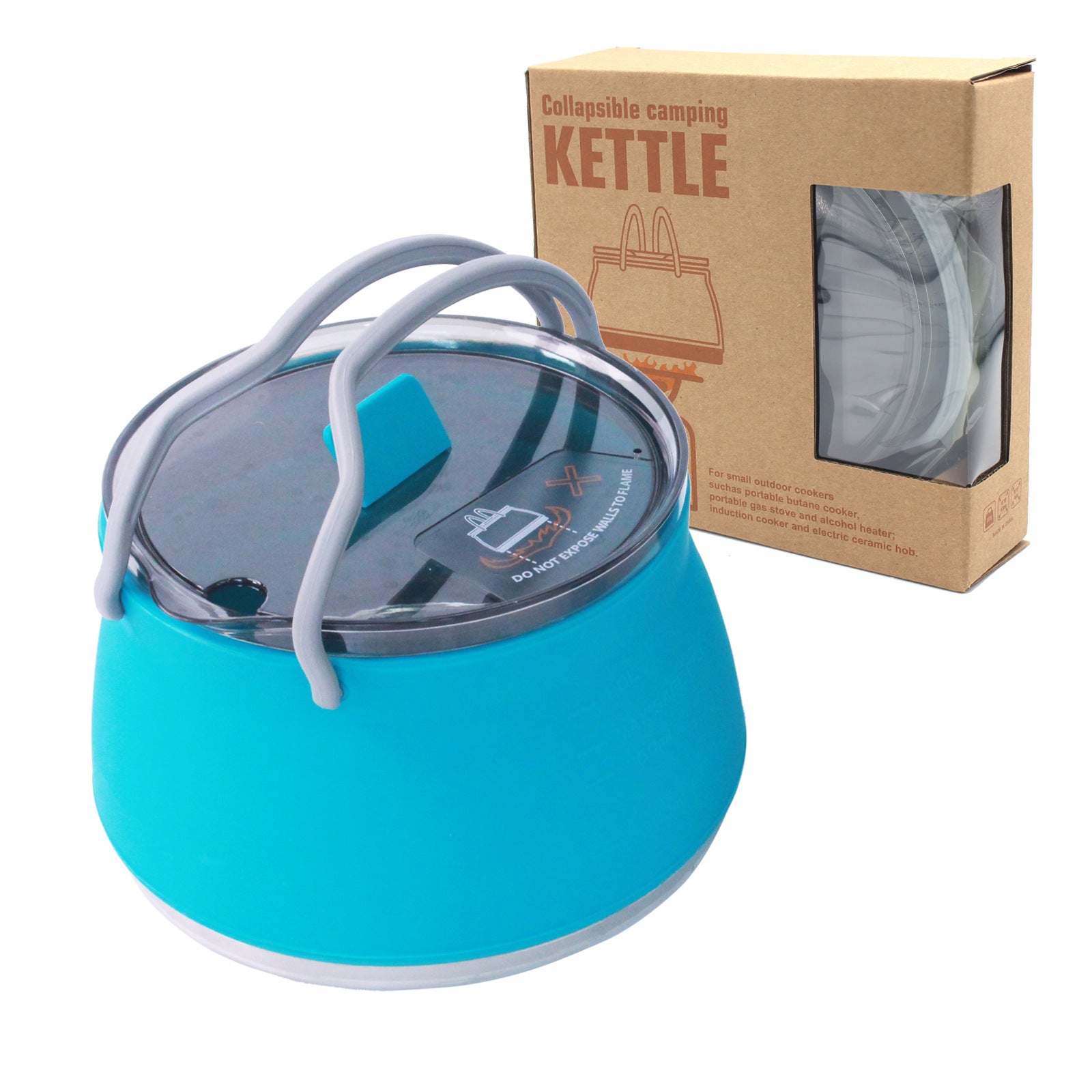 Blue 1L Portable Collapsible Camping Kettle - Food-Grade Silicone Body with 304 Stainless Steel Base, Compatible with Induction & Gas Stoves