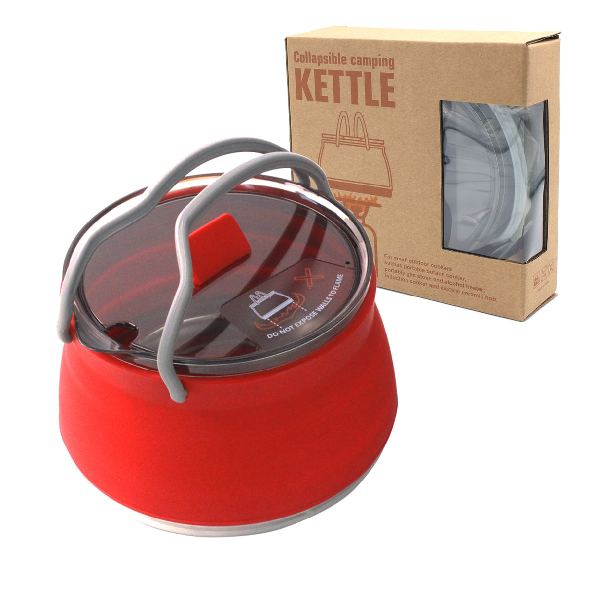 Red 1L Portable Collapsible Camping Kettle - Food-Grade Silicone Body with 304 Stainless Steel Base, Compatible with Induction &amp; Gas Stoves