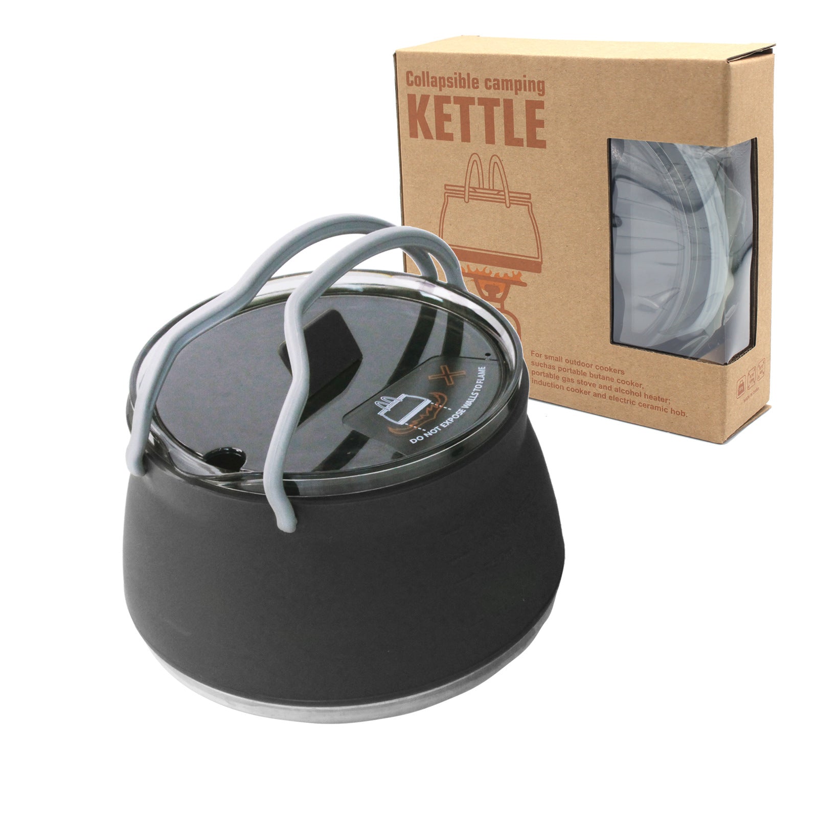 Black 1L Portable Collapsible Camping Kettle - Food-Grade Silicone Body with 304 Stainless Steel Base, Compatible with Induction & Gas Stoves