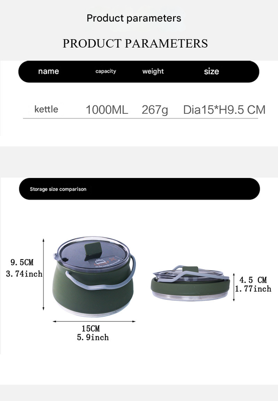 Black 1L Portable Collapsible Camping Kettle - Food-Grade Silicone Body with 304 Stainless Steel Base, Compatible with Induction & Gas Stoves