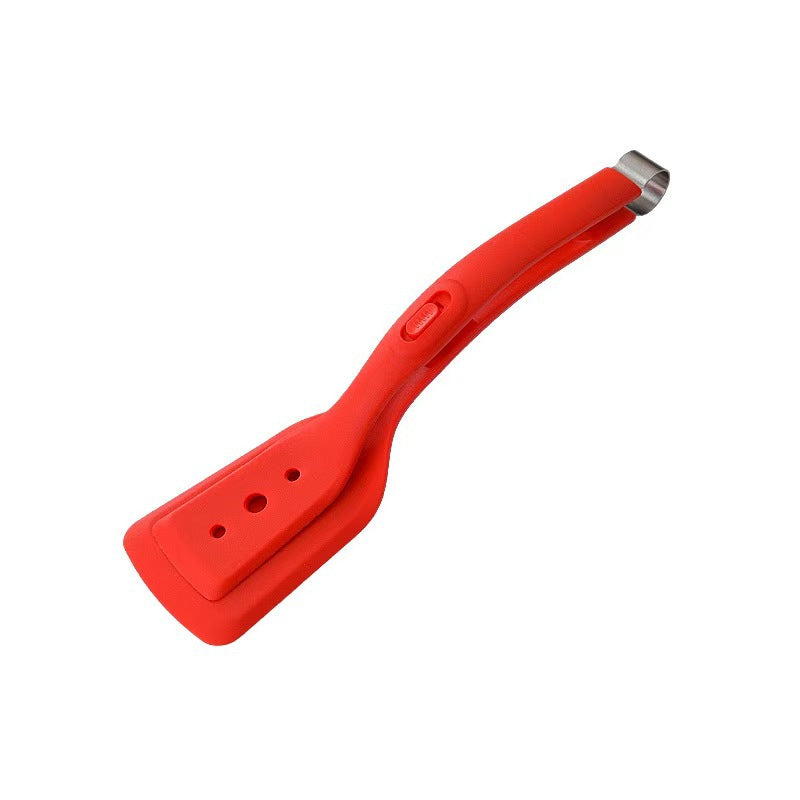 2-in-1 Red Silicone Spatula Tongs with Locking Clip &amp; Oil Drainage - Non-Stick Heat Resistant Food Flipper &amp; Kitchen Clamp