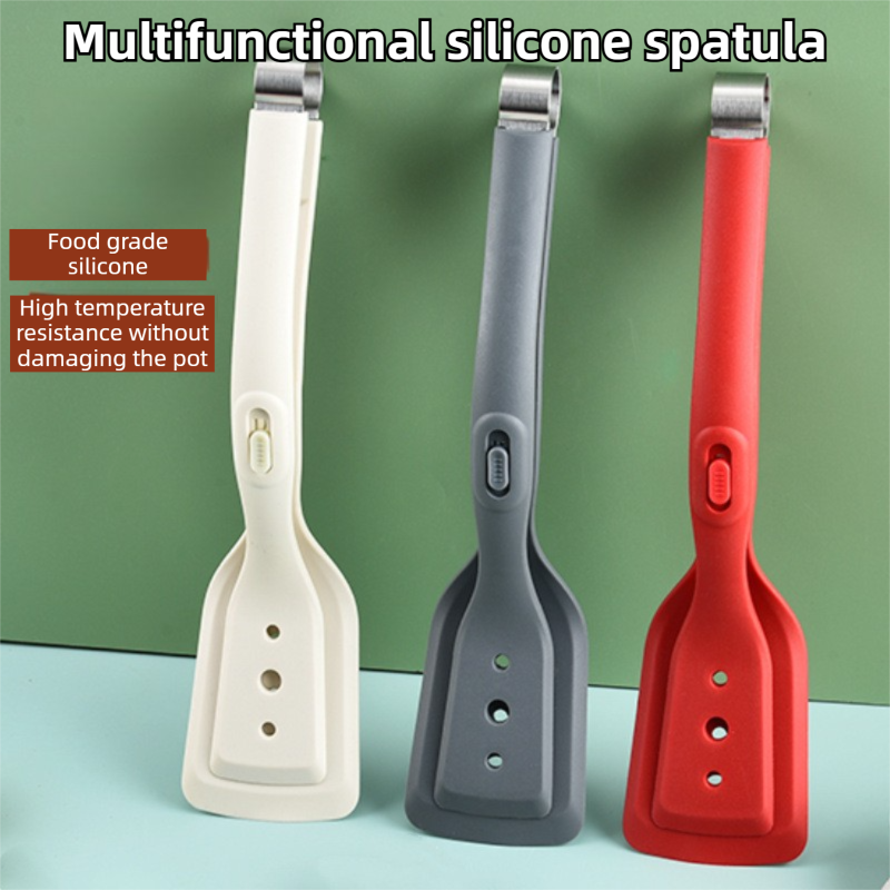 2-in-1 Grey Silicone Spatula Tongs with Locking Clip & Oil Drainage - Non-Stick Heat Resistant Food Flipper & Kitchen Clamp