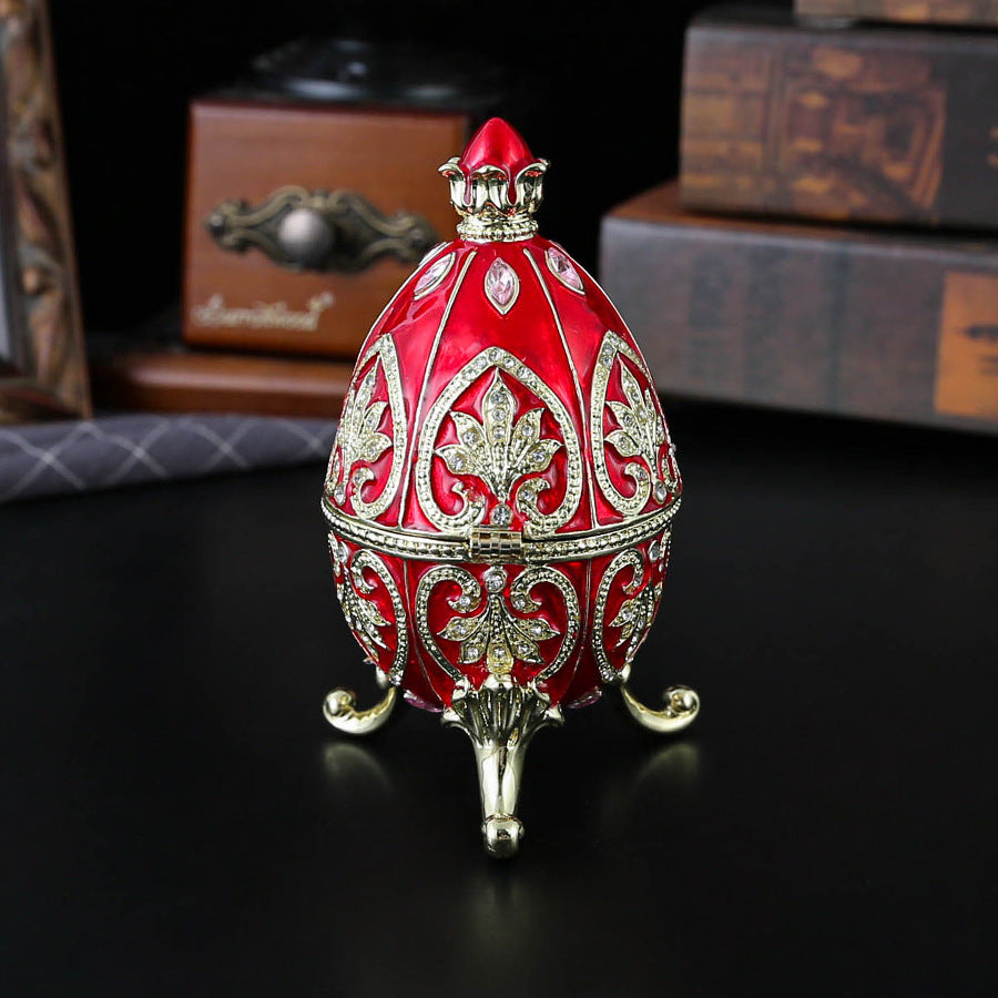 Red Vintage European Rhinestone Inlaid Embossed Enameled Jewelry Box - Hand-Painted Easter Egg Metal Craft