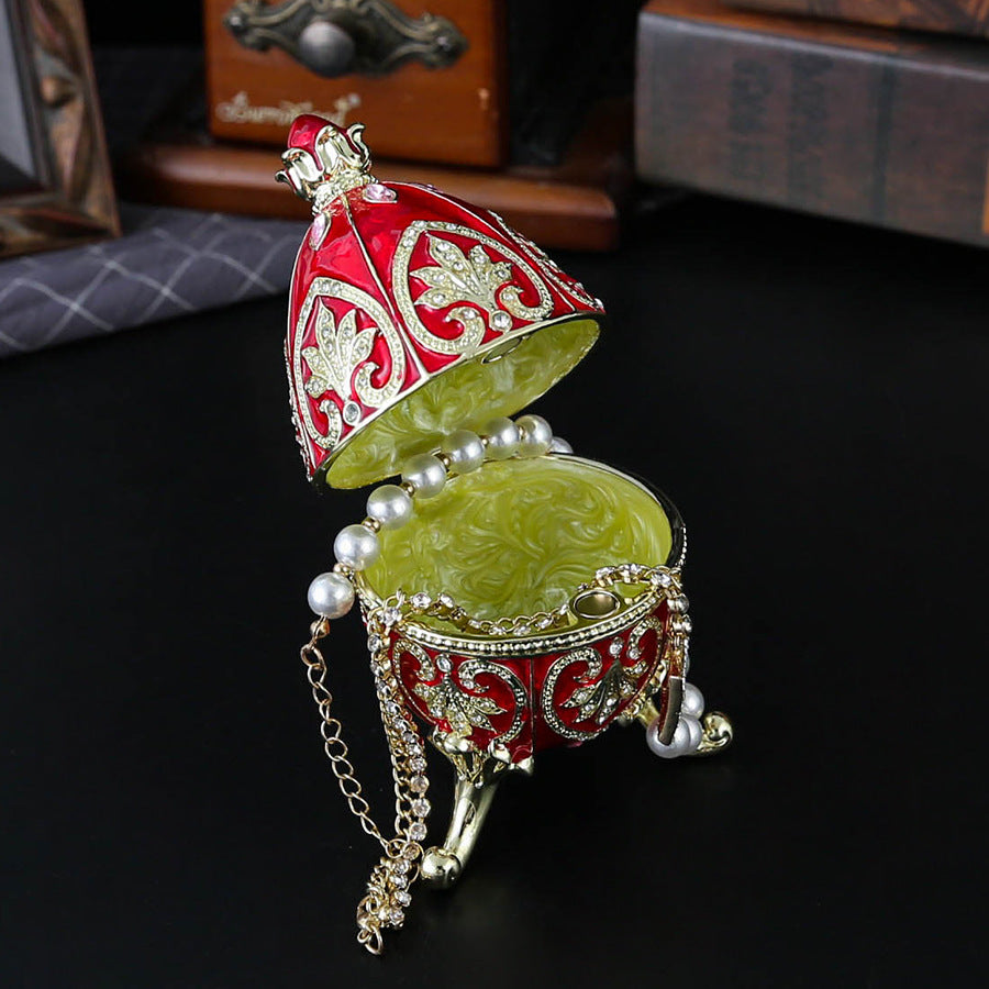 Red Vintage European Rhinestone Inlaid Embossed Enameled Jewelry Box - Hand-Painted Easter Egg Metal Craft