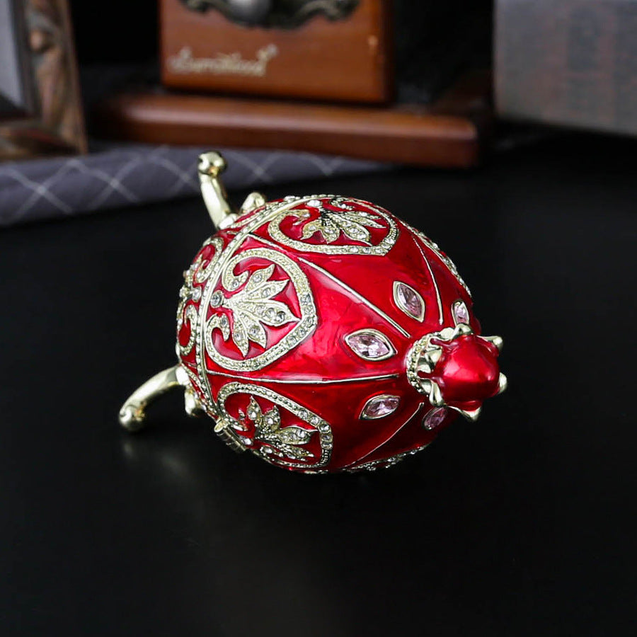 Red Vintage European Rhinestone Inlaid Embossed Enameled Jewelry Box - Hand-Painted Easter Egg Metal Craft