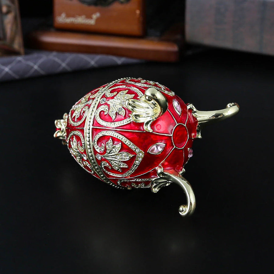 Red Vintage European Rhinestone Inlaid Embossed Enameled Jewelry Box - Hand-Painted Easter Egg Metal Craft