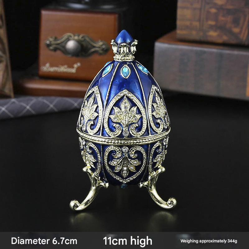Blue Vintage European Rhinestone Inlaid Embossed Enameled Jewelry Box - Hand-Painted Easter Egg Metal Craft