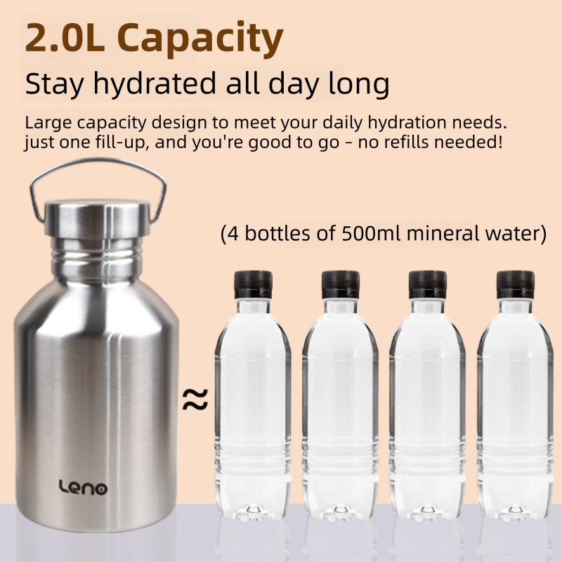 2L Large Capacity Outdoor Sports Adventure Water Bottle - Food-Grade 304 Stainless Steel with Portable Handle & 4.5cm Narrow Mouth