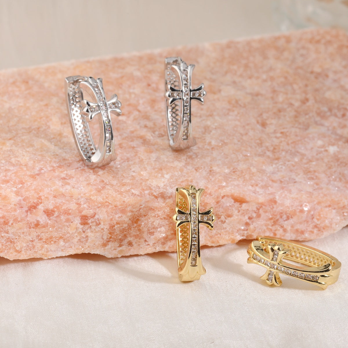 2-Pair Gold & Sliver Sparkling Iced Out Rhinestone Cross Hoop Earrings - Punk Elegance Ear Buckle for Women