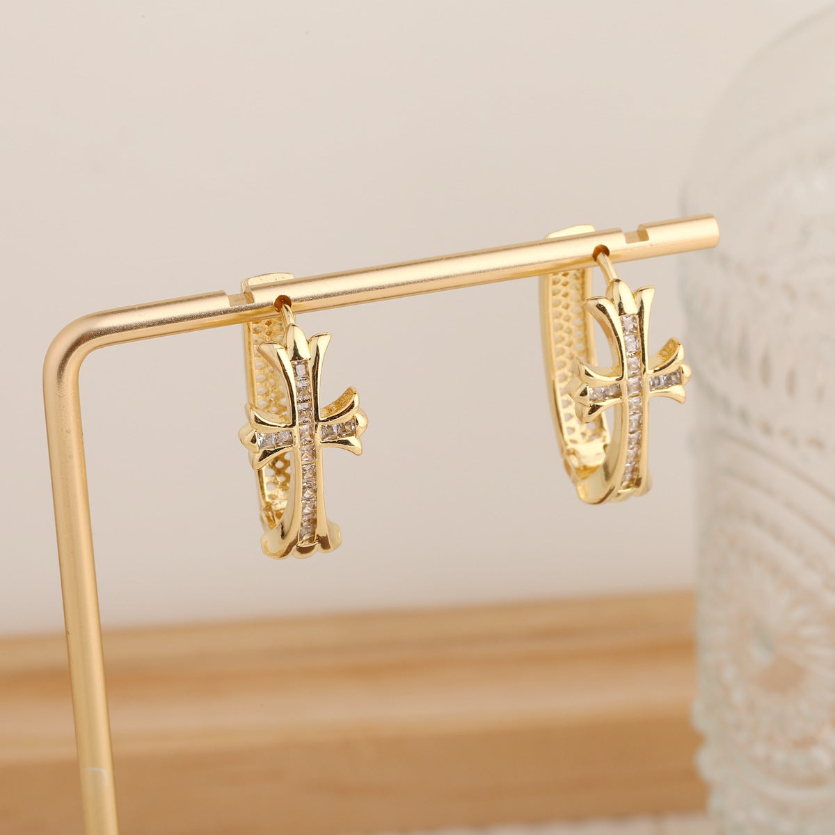 2-Pair Gold & Sliver Sparkling Iced Out Rhinestone Cross Hoop Earrings - Punk Elegance Ear Buckle for Women