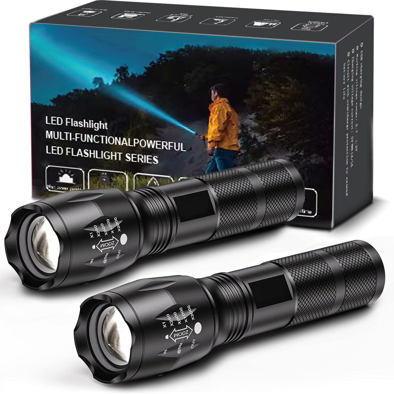 2-Pack High-Powered LED Flashlight with 500m Long Range - Zoomable Focus & Waterproof Tactical Torch - Durable Aluminum Alloy