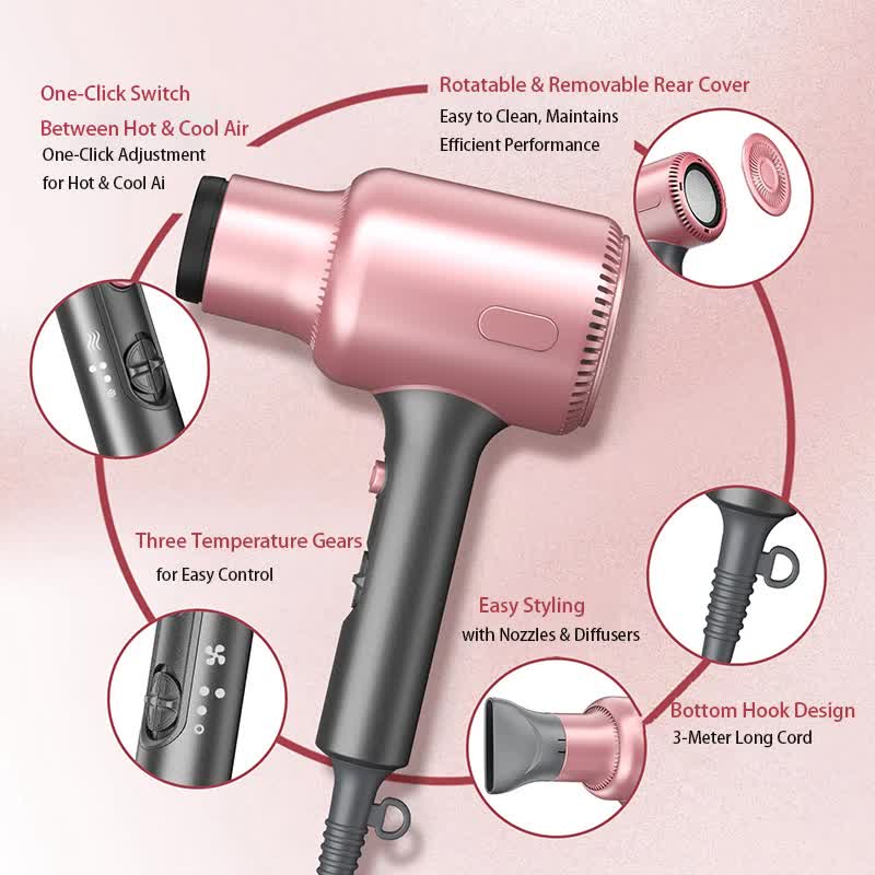 Pink Portable silent Hair Dryer with 3 Heat/Speed Settings and 3 Accessories - High-Power Blow Dryer, 3M Long Cord & 8CM Wide Outlet