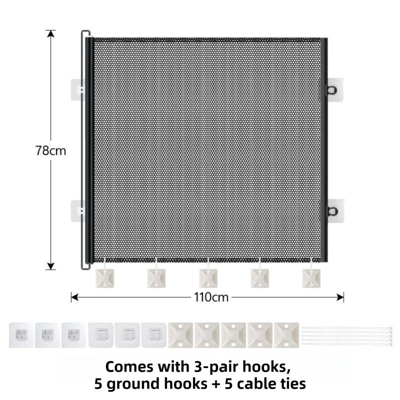 78X110CM Black Retractable Mesh Safety Gate for Pets & Babies - Scratch-Resistant Indoor/Outdoor Security Barrier, No-Drill Installation