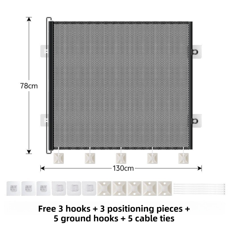 78X130CM Black Retractable Mesh Safety Gate for Pets &amp; Babies - Scratch-Resistant Indoor/Outdoor Security Barrier, No-Drill Installation