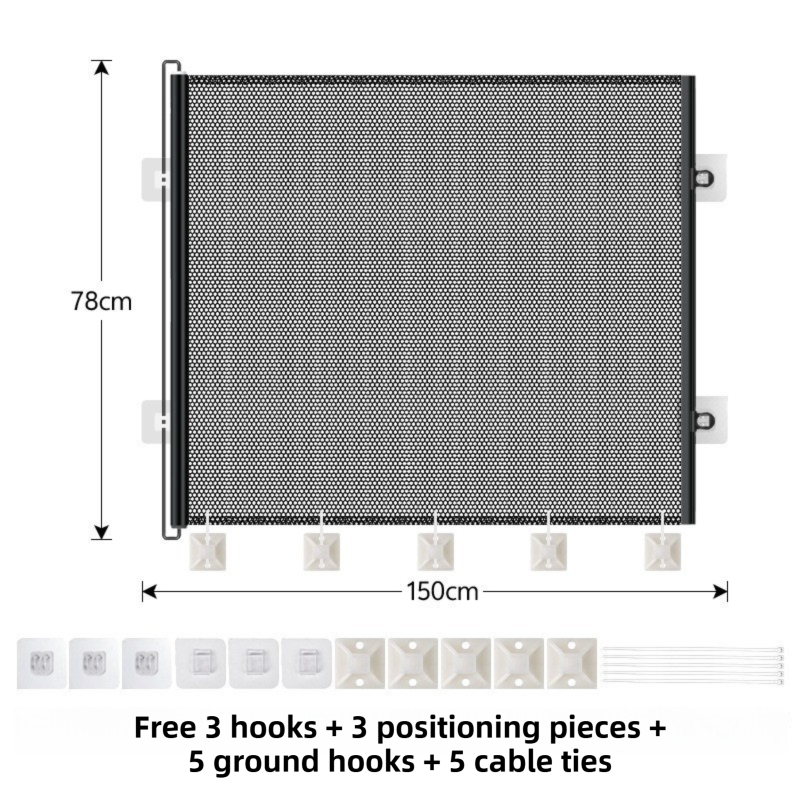 78X150CM Black Retractable Mesh Safety Gate for Pets &amp; Babies - Scratch-Resistant Indoor/Outdoor Security Barrier, No-Drill Installation